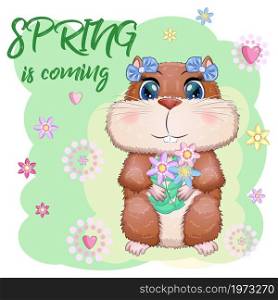 Cute cartoon hamster characters, funny animal with flowers, spring is coming. Cute cartoon hamster characters, funny animal muzzle in flower