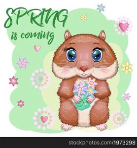 Cute cartoon hamster characters, funny animal with flowers, spring is coming. Cute cartoon hamster characters, funny animal muzzle in flower