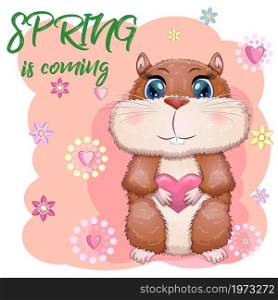 Cute cartoon hamster characters, funny animal with heart, spring is coming. Cute cartoon hamster characters, funny animal muzzle in flower