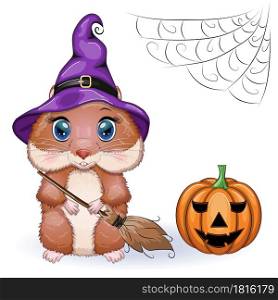 Cute cartoon hamster wearing wizard hat with broom and pumpkins, halloween holiday character.. Cute cartoon hamster wearing wizard hat with broom and pumpkins, halloween holiday character