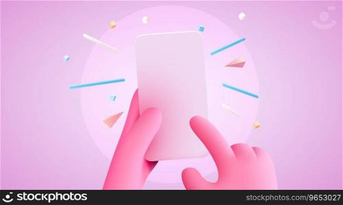 Cute cartoon hand holding mobile smart phone. Modern mockup. Vector illustration. Cute cartoon hand holding mobile smart phone. Modern mockup.