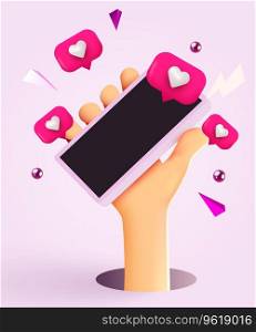 Cute cartoon hand holding mobile smartphone with Likes notification icons. Social media and marketing concept. Vector illustration. Cute cartoon hand holding mobile smartphone with Likes notification icons. Social media and marketing concept.