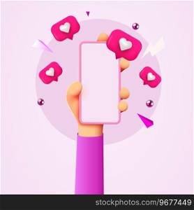 Cute cartoon hand holding mobile smartphone with Likes notification icons. Social media and marketing concept. Vector illustration. Cute cartoon hand holding mobile smartphone with Likes notification icons. Social media and marketing concept.