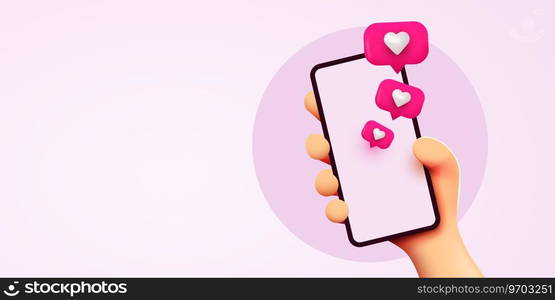 Cute cartoon hand holding mobile smartphone with Likes notification icons. Social media and marketing concept. Vector illustration. Cute cartoon hand holding mobile smartphone with Likes notification icons. Social media and marketing concept.