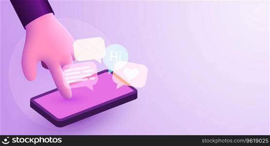 Cute cartoon hand touch mobile smartphone with messages. Communication and social networking concept. Vector illustration for web sites and banners design. Cute cartoon hand touch mobile smartphone with messages. Communication and social networking concept.