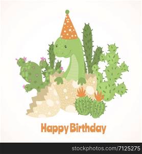 Cute cartoon happy birthday card with baby dinosaur hatching from egg. Little dino for t-shirt, kids apparel, poster, nursery or etc. Vector illustration.. Cute cartoon happy birthday card with dinosaur.