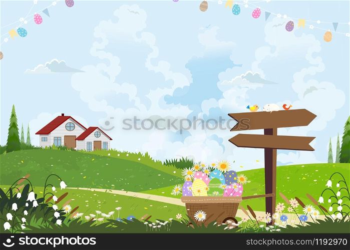Cute cartoon Happy Easter holiday greeting card, Easter eggs in basket and cute eggs flag hanging on a clothesline, Landscape Springtime with house on hills,wooden sign, blue sky and clouds.