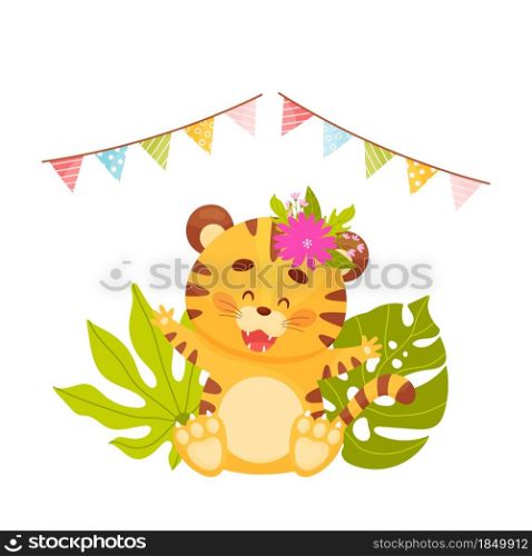 Cute cartoon happy little tiger in the jungle. vector illustration