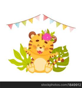 Cute cartoon happy little tiger in the jungle. vector illustration