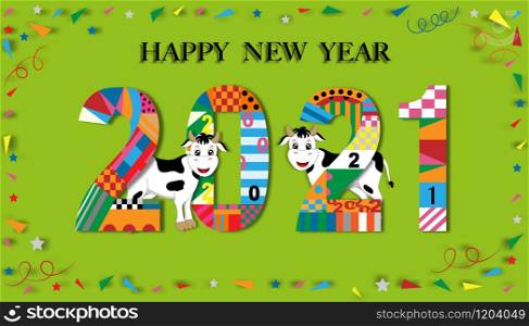 Cute cartoon Happy New Year, Happy Chinese new year greeting card with cow standing with 2021, Animal holidays character zodiac,Year of the ox