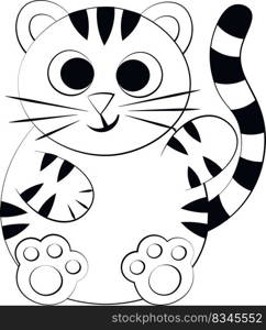 Cute cartoon happy Tiger. Draw illustration in black and white