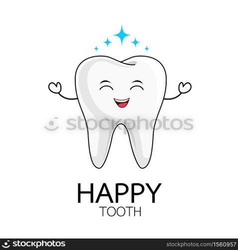 cute cartoon happy tooth character. Dental care concept. Vector illustration isolated on white background.
