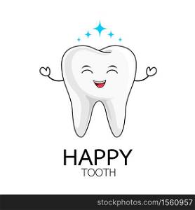 cute cartoon happy tooth character. Dental care concept. Vector illustration isolated on white background.