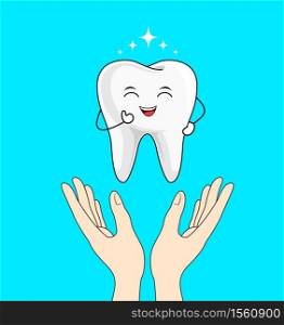 cute cartoon happy tooth character with human hands. Dental care concept. Vector illustration isolated on blue background.