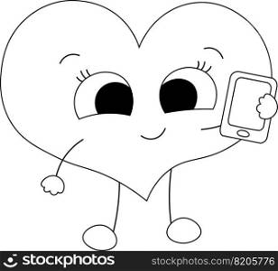 Cute cartoon Heart with mobile phone in black and white