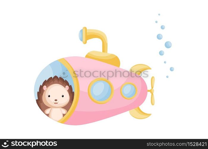 Cute cartoon hedgehog looks out of pink submarine window. Design of t-shirt, album, card, invitation. Flat vector illustration isolated on white background.