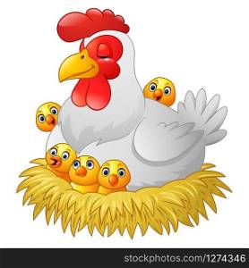 Cute cartoon hen with chickens sitting in a nest