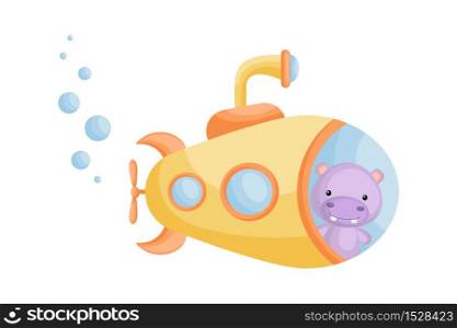 Cute cartoon hippo looks out of yellow submarine window. Design of t-shirt, album, card, invitation. Flat vector illustration isolated on white background.