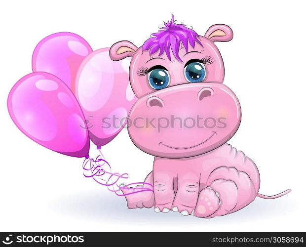 Cute cartoon hippo with beautiful eyes with balloons, a boy and a girl. greeting card, baby shower invitation card.. Cute cartoon hippo with beautiful eyes with balloons, a boy and a girl. greeting card, baby shower invitation