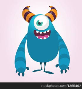 Cute cartoon horned and fluffy monster. Halloween vector illustration