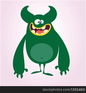 Cute cartoon horned and fluffy monster smiling. Halloween vector illustration