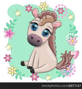 Cute cartoon horse, pony for card with flowers, balloons, hearts. Cute cartoon horse, pony for card with flowers, balloons, heart