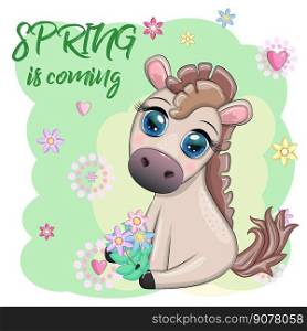 Cute cartoon horse, pony for card with flowers, spring is coming.. Cute cartoon horse, pony for card with flowers, spring is coming