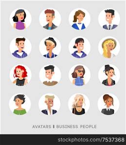 Cute cartoon human avatars set, big male and female faces collection. Vector detailed characters avatars people, business people avatars, men and women avatars. Business people avatars. Cute cartoon human avatars set