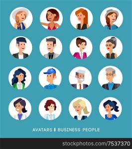 Cute cartoon human avatars set, big male and female faces collection. Vector detailed characters avatars people, business people avatars, men and women avatars. Business people avatars. Cute cartoon human avatars set