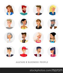 Cute cartoon human avatars set, big male and female faces collection. Vector detailed characters business people, men and women. Cute cartoon human avatars set
