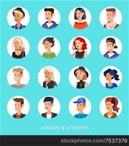 Cute cartoon human avatars set, big male and female faces collection. Vector detailed characters avatars young people, students avatars, young men and women avatars. Young people avatars. Cute cartoon human avatars set