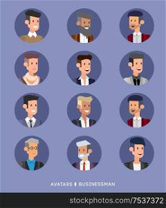 Cute cartoon human avatars set, big male faces collection. Vector detailed character avatar business man, business people avatars, men avatars. Business man avatar. Cute cartoon human avatars set