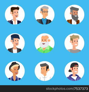 Cute cartoon human avatars set, big male faces collection. Vector detailed character avatar business man, business people avatars, men avatars. Business man avatar. Cute cartoon human avatars set