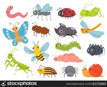 Cute cartoon insects. Funny caterpillar and butterfly, children bugs, mosquito and spider. Green grasshopper, ant and ladybug. Bug insect colorful isolated vector illustration icons set. Cute cartoon insects. Funny caterpillar and butterfly, children bugs, mosquito and spider. Green grasshopper, ant and ladybug vector illustration set