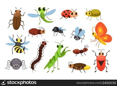 Cute cartoon insects. Happy bugs, smiling fly and little mantis vector Illustration set. Insect character, bee and wasp, ladybug or ladybird. Cute cartoon insects. Happy bugs, smiling fly and little mantis vector Illustration set