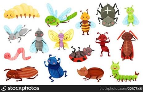 Cute cartoon insects, ladybug, butterfly, bee, beetle, spider. Happy garden insect, worm, caterpillar, smiling bugs for kids vector set of butterfly and dragonfly, ladybug and beetle. Cute cartoon insects, ladybug, butterfly, bee, beetle, spider. Happy garden insect, worm, caterpillar, smiling bugs for kids vector set
