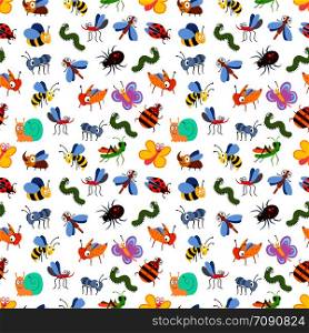 Cute cartoon insects seamless background pattern for kids, textile, cards. Vector illustration. Cute cartoon insects seamless pattern for kids, textile, cards