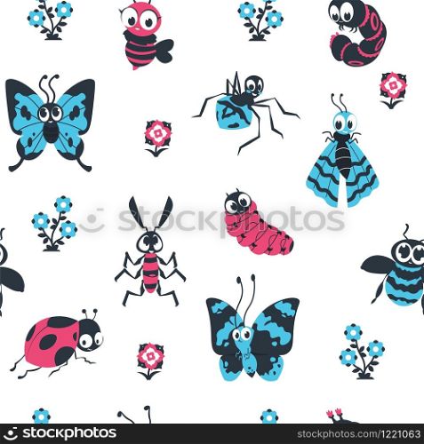 Cute cartoon insects seamless pattern. Beetles and bees with happy face, spider caterpillar butterfly background. Vector children cute pattern for design colorful wallpapers. Cute cartoon insects seamless pattern. Beetles and bees with happy face, spider caterpillar butterfly background. Vector children pattern