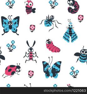 Cute cartoon insects seamless pattern. Beetles and bees with happy face, spider caterpillar butterfly background. Vector children cute pattern for design colorful wallpapers. Cute cartoon insects seamless pattern. Beetles and bees with happy face, spider caterpillar butterfly background. Vector children pattern