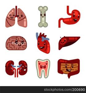 Cute cartoon internal organs vector icons. Characters human organs heart, liver and stomach, illustration of vital organs. Cute cartoon internal organs vector icons