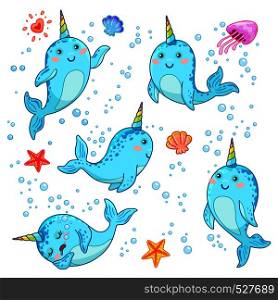 Cute cartoon kawaii narwhals with rainbow horn, funny kids character in different poses, jellyfish and shell, sleepy and cheerful, vector cute illustration. Cute cartoon kawaii narwhals with rainbow horn, sea unicorn cute illustration