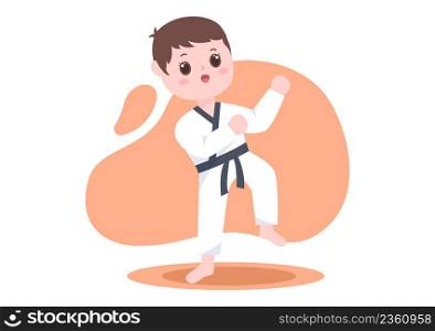 Cute Cartoon Kids Doing Some Basic Karate Martial Arts Moves, fighting Pose and Wearing Kimono in Flat Style Background Vector Illustration