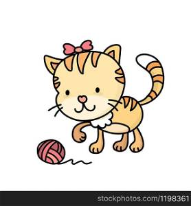 Cute cartoon kitten plays with a ball of threads,animal character or mascot,isolated on white background,vector illustration