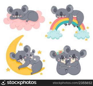 Cute cartoon koalas. Adorable animals sleeping on fluffy pink cloud, rainbow. Mother and kid relaxing and dreaming on moon, romantic couple hugging. Sweet characters isolated vector set. Cute cartoon koalas. Adorable animals sleeping on fluffy pink cloud, rainbow. Mother and kid relaxing and dreaming