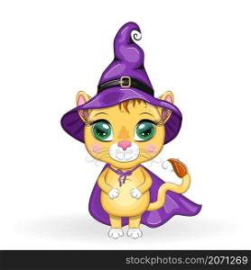 Cute cartoon leo with beautiful eyes, orange in a purple witch&rsquo;s hat and cloak, Halloween. Cute cartoon leo with beautiful eyes, orange in a purple witch&rsquo;s hat and cloak. Halloween 2022.