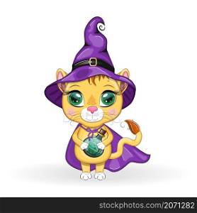 Cute cartoon leo with beautiful eyes, orange in a purple witch&rsquo;s hat and cloak, Halloween. Cute cartoon leo with beautiful eyes, orange in a purple witch&rsquo;s hat and cloak. Halloween 2022.