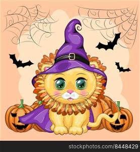 Cute cartoon leo with beautiful eyes, orange in a purple witch’s hat and cloak. Cute cartoon leo with beautiful eyes, orange in a purple witch’s hat and cloak. Halloween 2022.