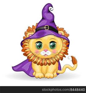 Cute cartoon leo with beautiful eyes, orange in a purple witch’s hat and cloak. Cute cartoon leo with beautiful eyes, orange in a purple witch’s hat and cloak. Halloween 2022.