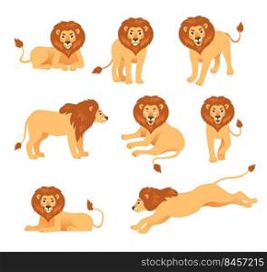 Cute cartoon lion in different poses vector illustration set. Happy orange-colored feline animal walking, lying, jumping, sitting and roaring. Wild animal, king concept