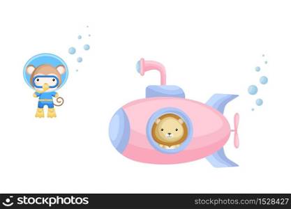 Cute cartoon lion looks out of submarine window and cute monkey in diving suit swim underwater. Design of t-shirt, album, card, invitation. Flat vector illustration isolated on white background.